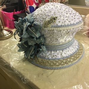 Custom Made Hat with Bling Powder Blue and White